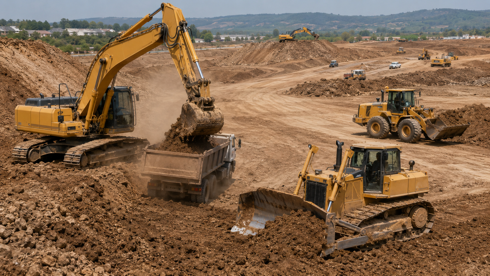 Fleet of excavators, bulldozers, and haul trucks moving dirt at a large earthworks site